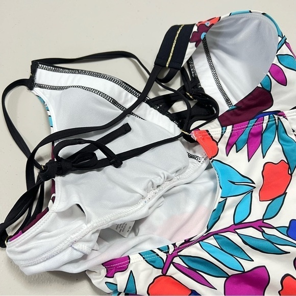 Cole of California Cali Floral White Lace Up Halter Tankini Top - Picture 4 of 8